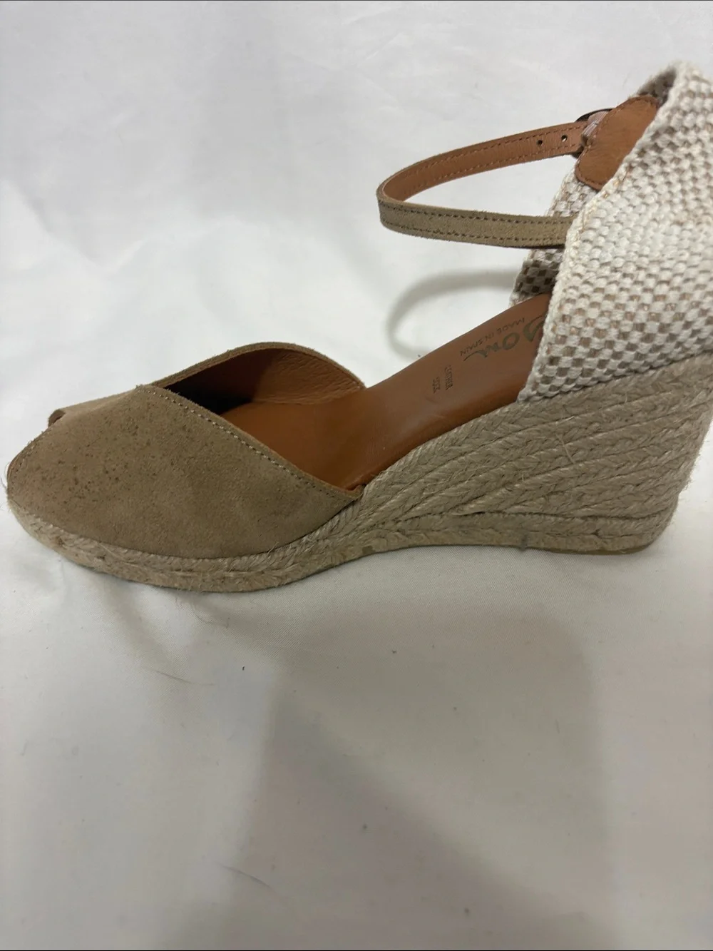 Neutral Taupe and Cream Wedge Sandals with Ankle Strap